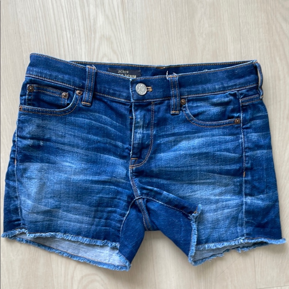 J. Crew Blue Jean Shorts with Frayed Hem and Mid-Thigh Length